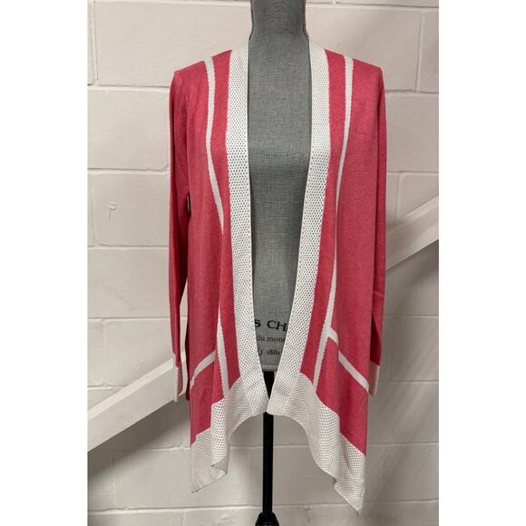 St. John Pink White Colorblock Open Front Wool Cashmere Knit Cardigan Sweater S - Picture 1 of 9